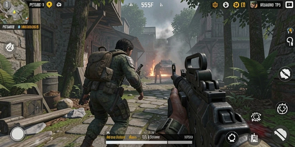 Tangkapan layar gameplay menegangkan dalam 555F dengan aksi tembak-menembak yang seru.
