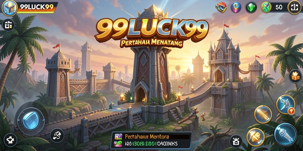 Screenshot gameplay 99LUCK99 dengan menara dan musuh yang bervariasi.