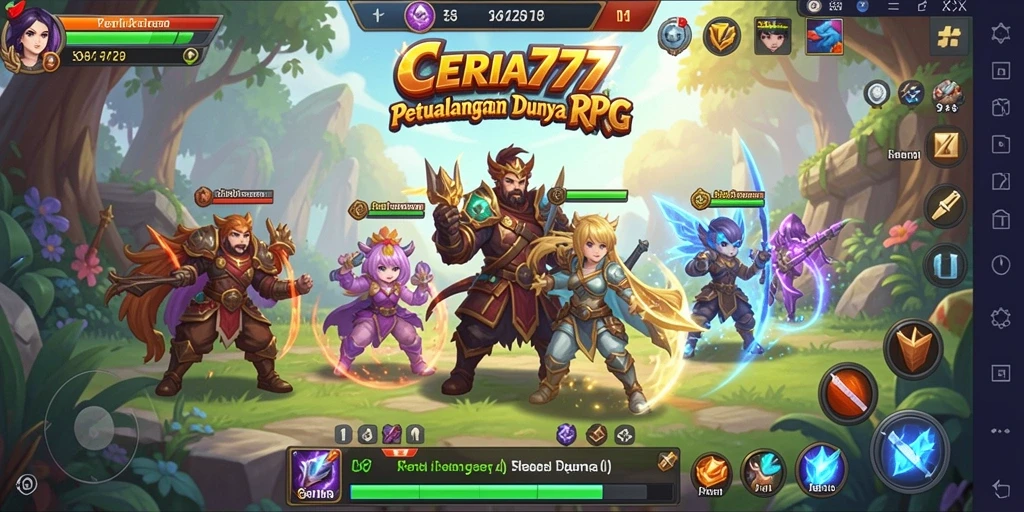 Tampilan gameplay CERIA777 dengan karakter dan pertarungan RPG yang menarik.