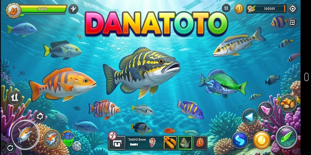 Tampilan gameplay seru dalam DANATOTO dengan ikan berwarna-warni.