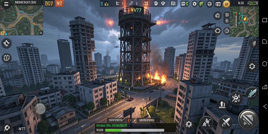 Screenshot NV77 menampilkan aksi pertempuran menara yang seru.
