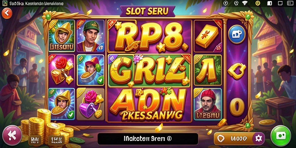 Screenshot gameplay RP8 menunjukkan berbagai tema slot dan fitur bonus yang menggembirakan.