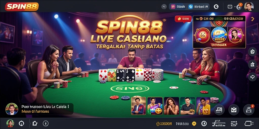 Screenshot SPIN88 menampilkan dealer langsung dan suasana kasino yang realistis.