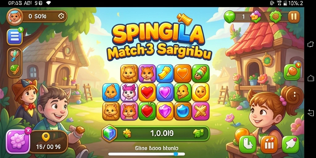 Screenshot menampilkan gameplay Match-3 yang seru dan penuh warna.