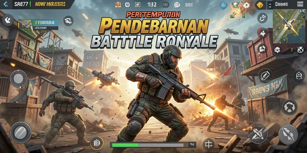 Tangkapan layar utama SR877 menampilkan aksi seru gameplay Battle Royale.